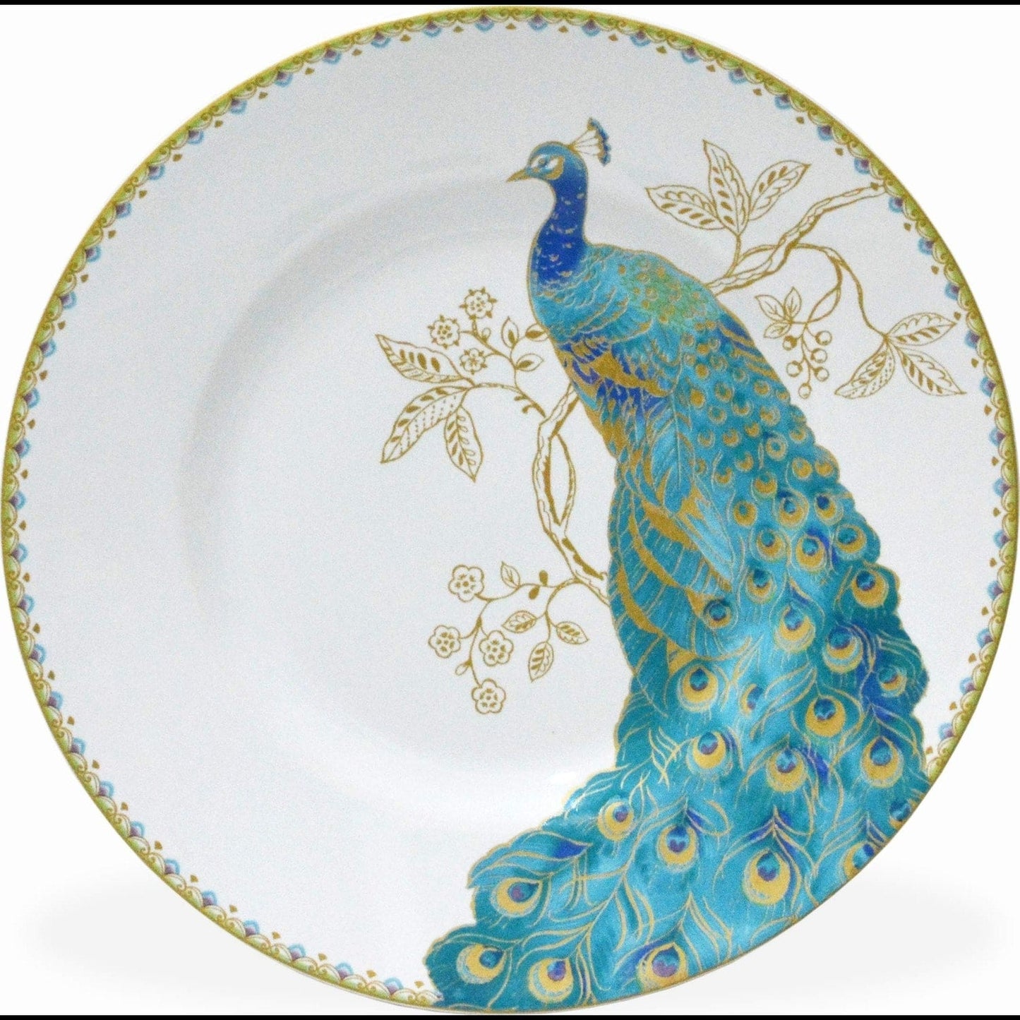 Service de table 16 pièces en porcelaine 222 Fifth Peacock Garden avec assiettes rondes, bols et tasses, blanc