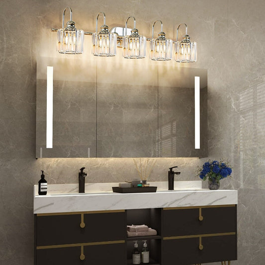 Luminaires de salle de bain en cristal à 5 lumières, style glamour, linéaires et à intensité variable, avec abat-jour cylindrique en cristal
