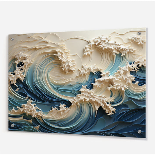 Designart White And Blue Wave Papercut Style III Coastal Waves Gloss Wall Decor - Coastal Acrylic Wall Art For Bedroom