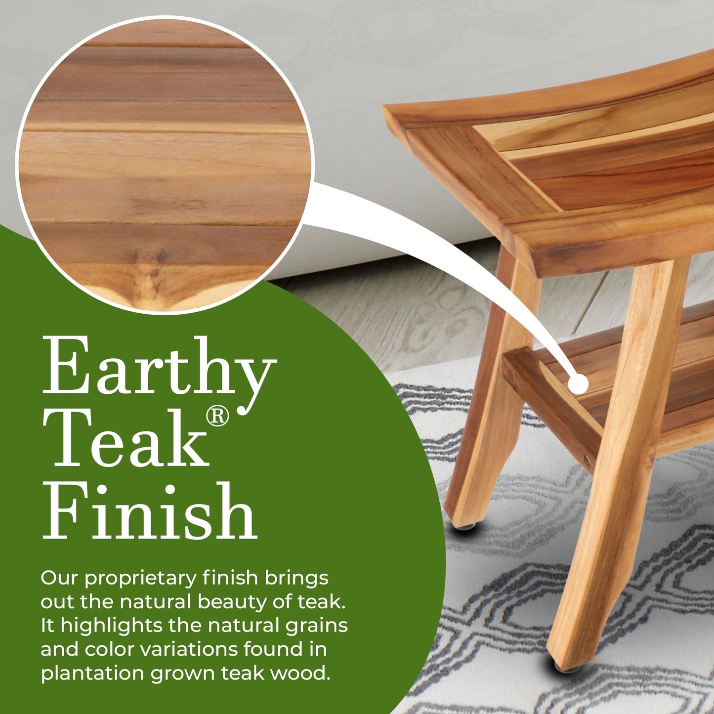 EcoDecors, Banc, Tabouret de douche, Siège de douche, Chaise de douche pour douche intérieure, Petit banc, Banc de douche en teck, Repose-pieds de douche