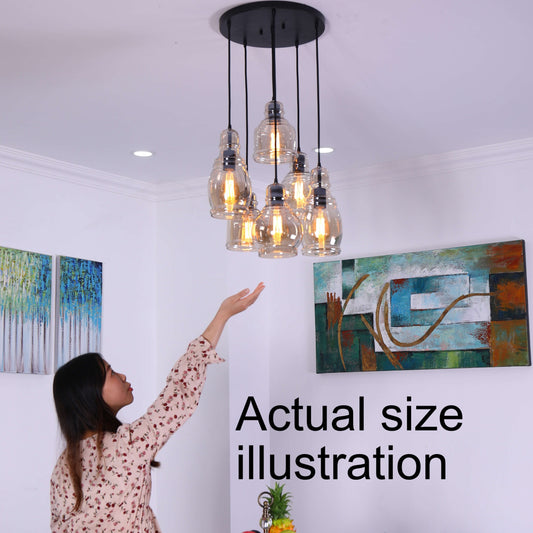 Suspension Mariana à 6 lumières en verre cognac noir antique et base ronde