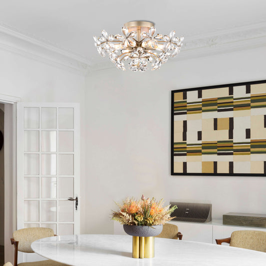 Plafonnier Rosa à 6 lumières en cristal argenté brossé avec fleur de champagne - 17,7 pouces de diamètre x 8,7 pouces de hauteur