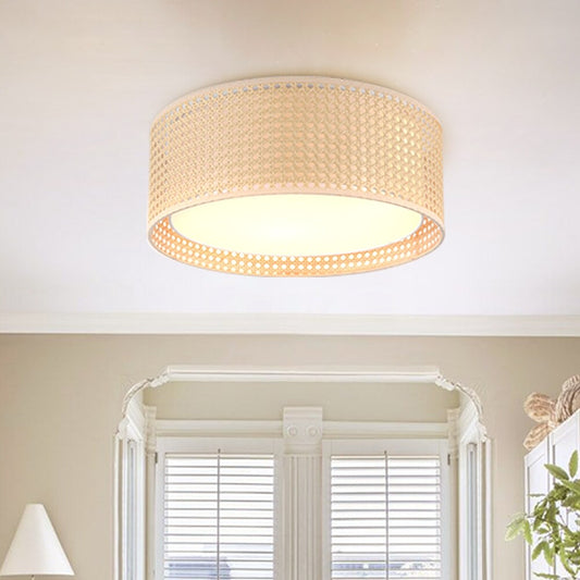 WINGBO Modern 3-Light Flush Mount Ceiling Light Fixture with Rattan & Fabric Double Drum Shade