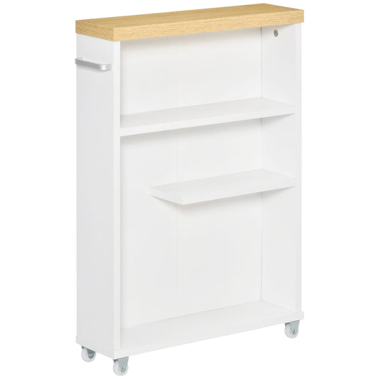 kleankin Slim Bathroom Cabinet with Castor Wheels Storage Organizer and Wood Shelves to Fit in Small Spaces, White