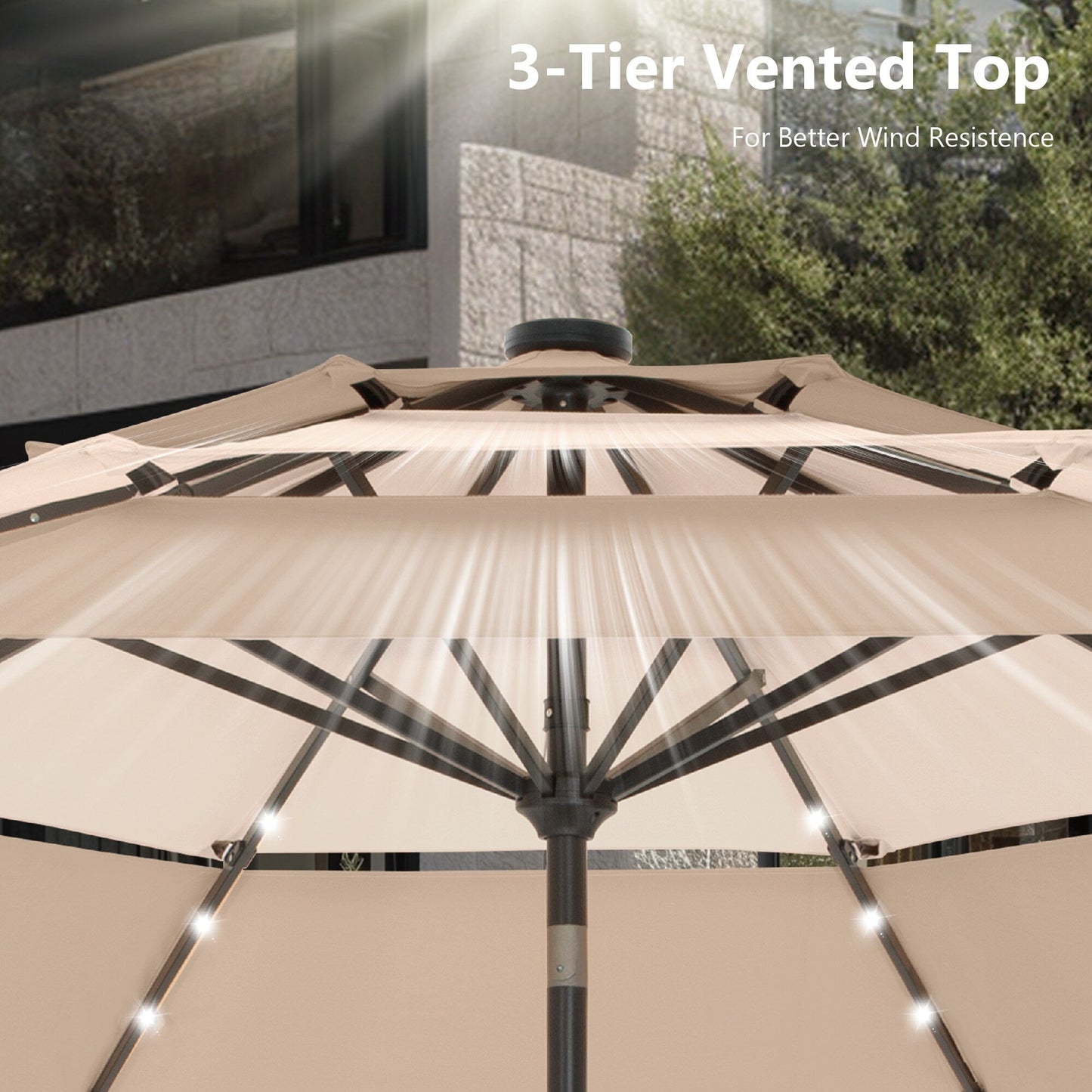 Parasol de terrasse inclinable à 3 niveaux de 10 pieds de MAISON ARTS, parasol d'extérieur à double ventilation avec lumières LED