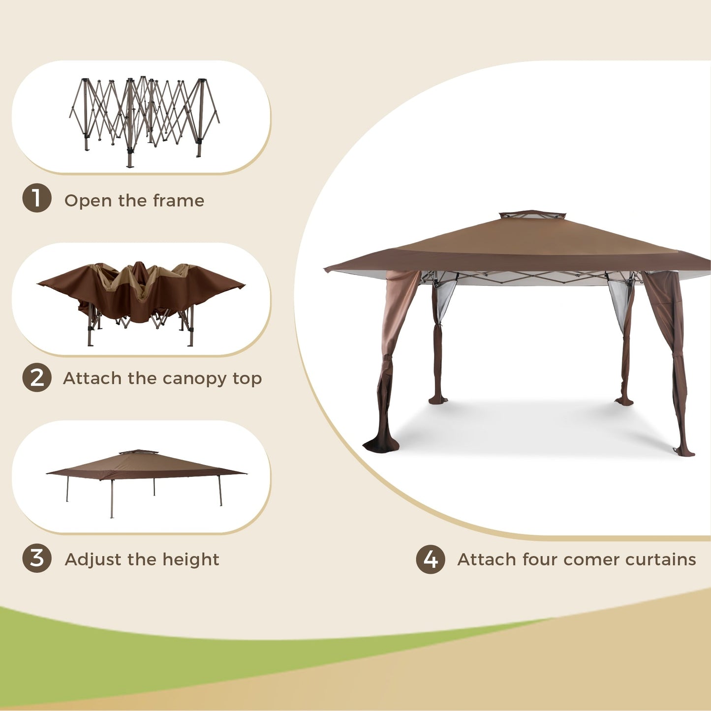 Gazebo de jardin renforcé escamotable avec rideau d'angle élégant - 13 x 13 pi