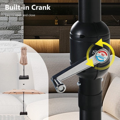 Parasol de marché extérieur rectangulaire à manivelle double face de 15 pieds, parasol de patio éclairé par LED solaire avec base incluse