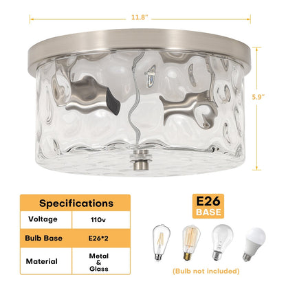 2-Light Flush Mount Ceiling Light with Clear Hammered Glass