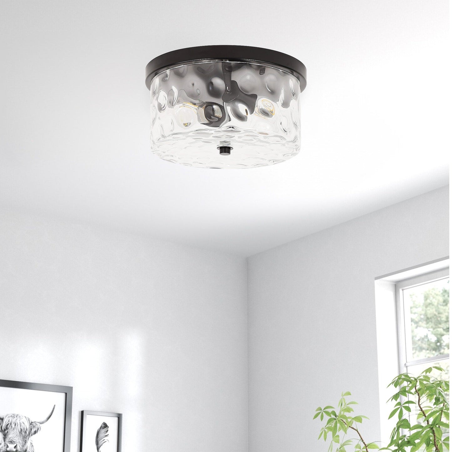 2-Light Flush Mount Ceiling Light with Clear Hammered Glass