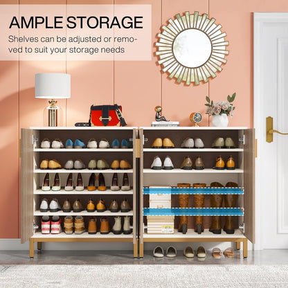 Meuble à chaussures moderne de 95 cm avec portes, blanc et doré, pour 20 paires de chaussures