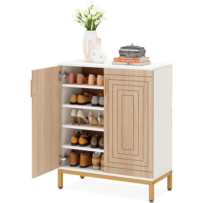 Meuble à chaussures moderne de 95 cm avec portes, blanc et doré, pour 20 paires de chaussures