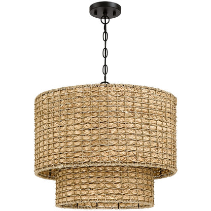 Suspension tambour traditionnelle en rotin naturel à 4 lumières avec auvent noir - Noir/terre - 50,8 cm de largeur
