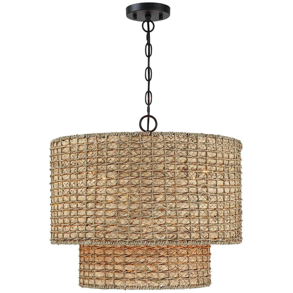 Suspension tambour traditionnelle en rotin naturel à 4 lumières avec auvent noir - Noir/terre - 50,8 cm de largeur