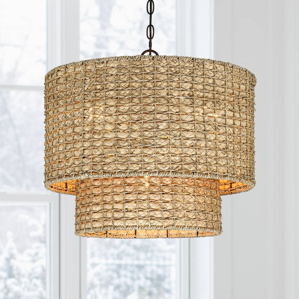 Suspension tambour traditionnelle en rotin naturel à 4 lumières avec auvent noir - Noir/terre - 50,8 cm de largeur