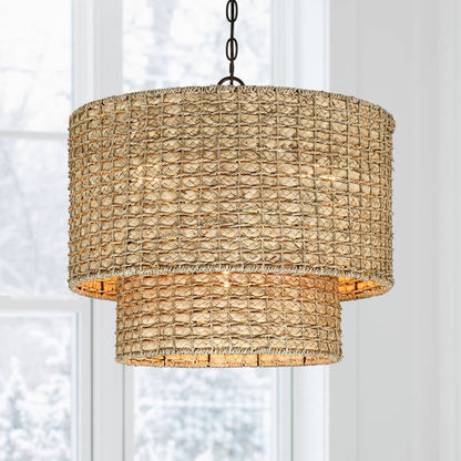 Suspension tambour traditionnelle en rotin naturel à 4 lumières avec auvent noir - Noir/terre - 50,8 cm de largeur