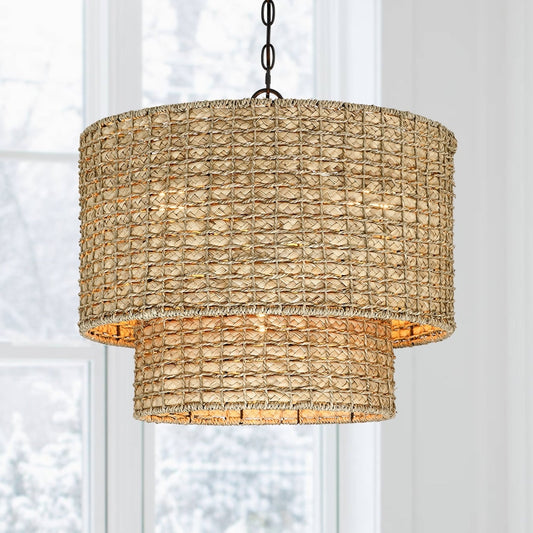 Suspension tambour traditionnelle en rotin naturel à 4 lumières avec auvent noir - Noir/terre - 50,8 cm de largeur
