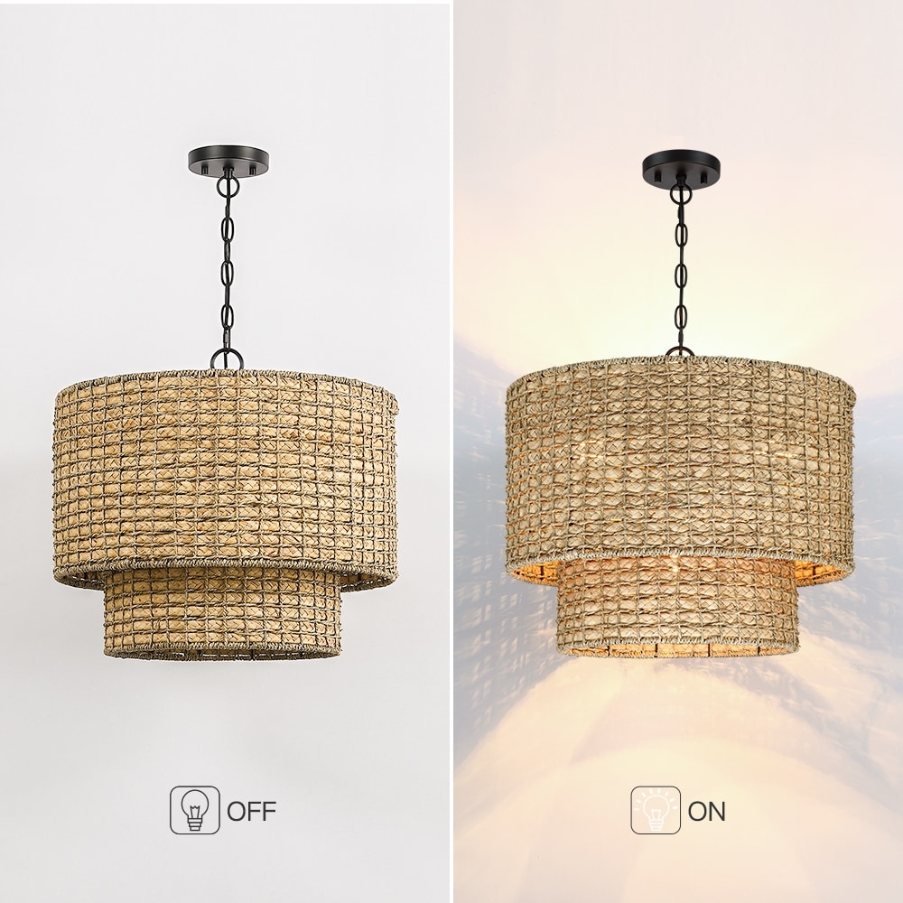 Suspension tambour traditionnelle en rotin naturel à 4 lumières avec auvent noir - Noir/terre - 50,8 cm de largeur