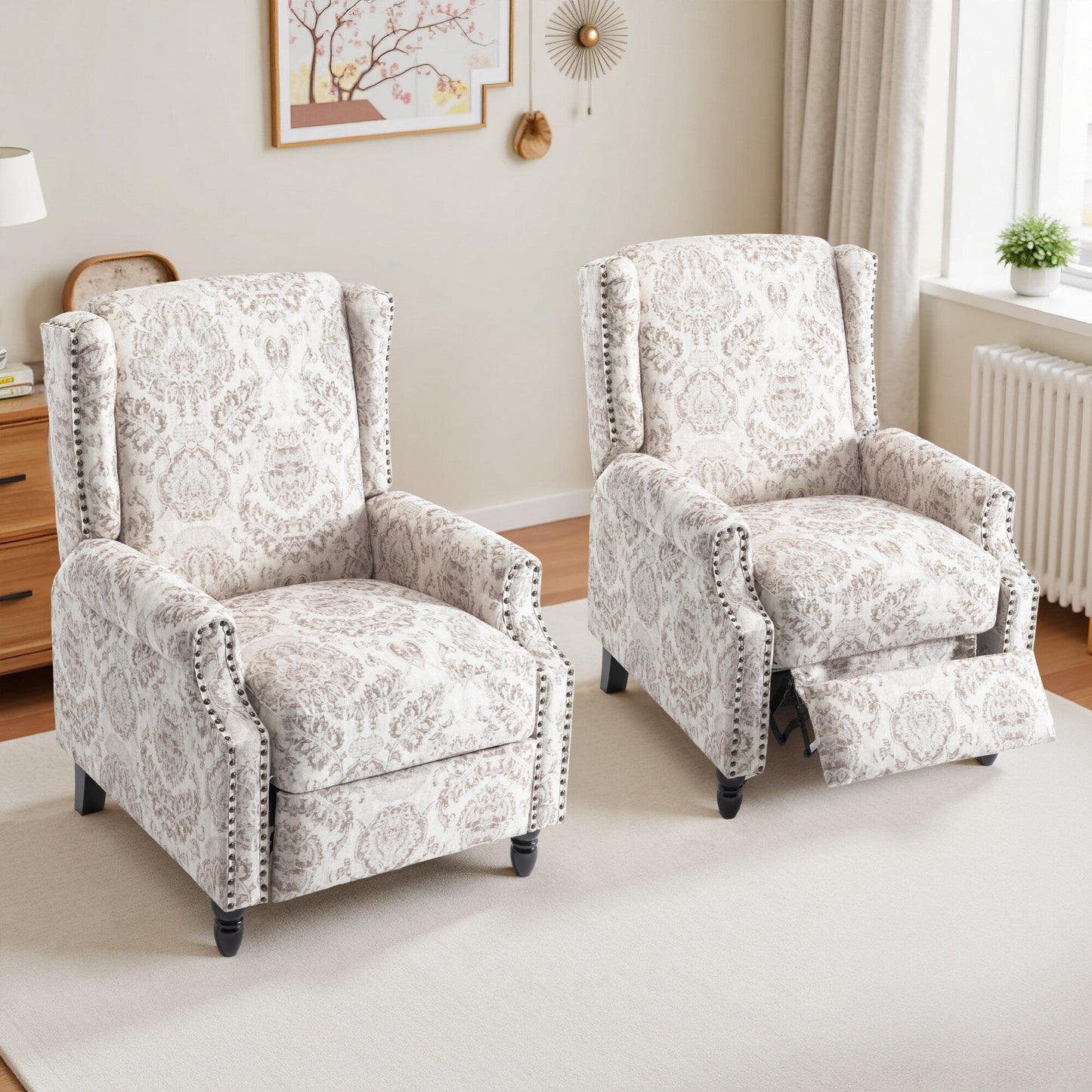 Ensemble de 2 fauteuils inclinables manuels à dossier à motif floral vintage de 29 po de largeur