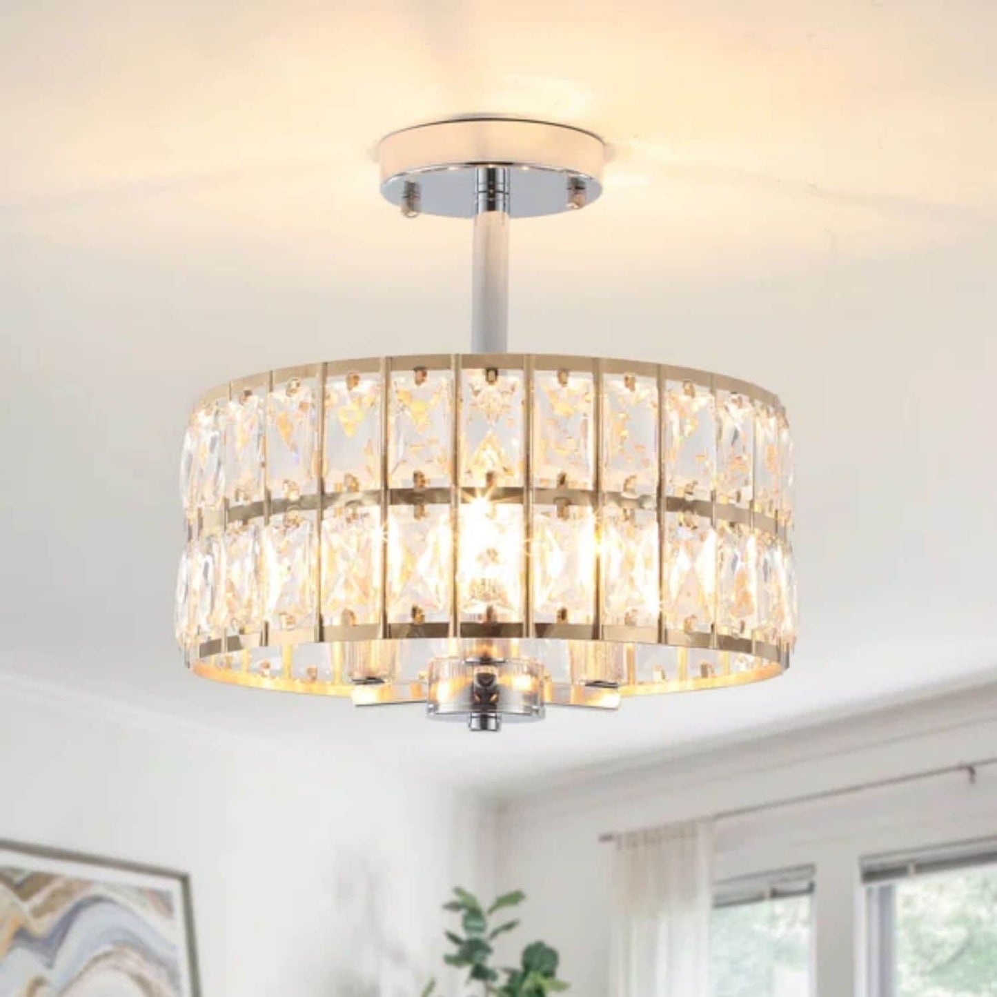 3-Light Crystal Semi Flush Mount Lights for Living Room Hallway