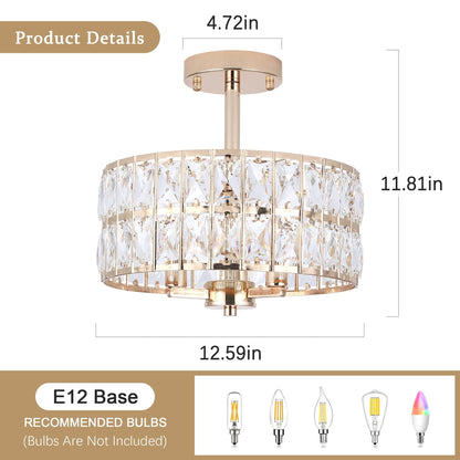 3-Light Crystal Semi Flush Mount Lights for Living Room Hallway