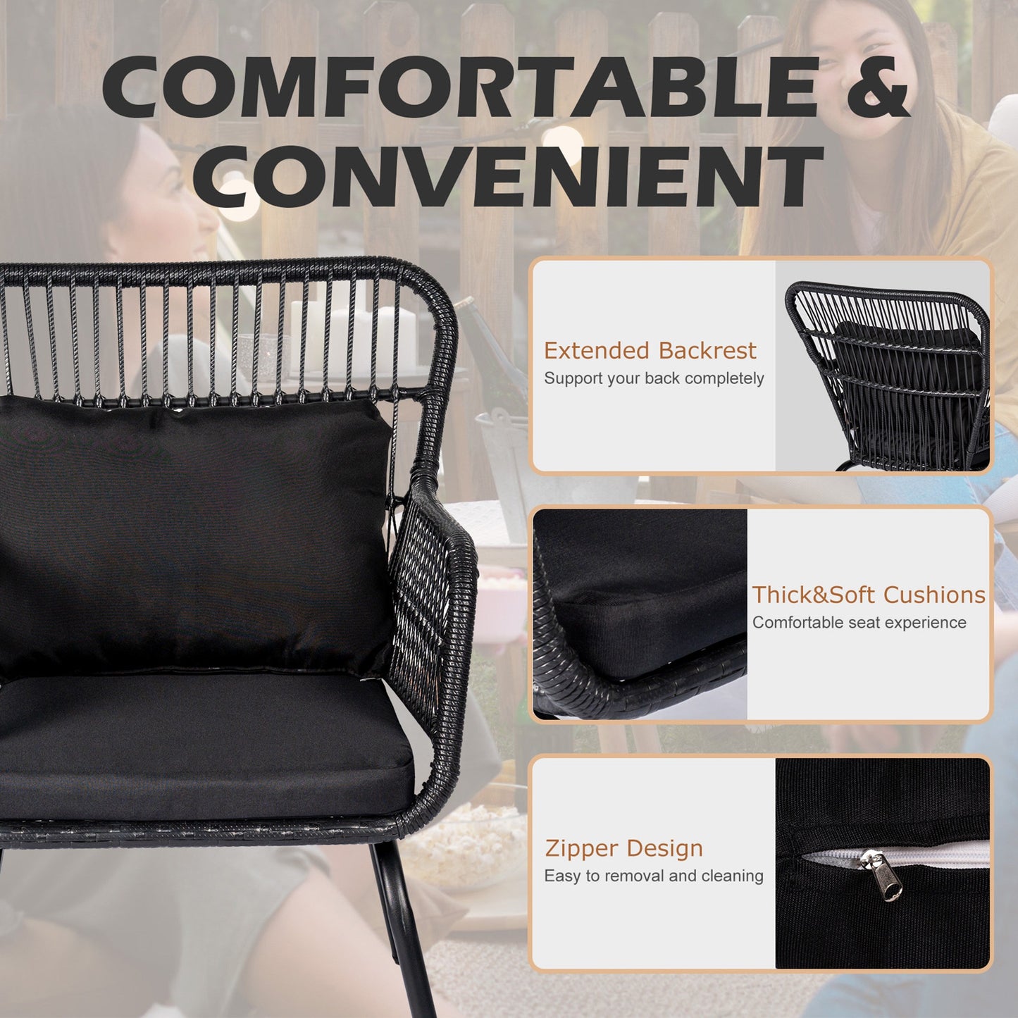 Ensemble de bistrot d'extérieur 3 pièces en osier, mobilier de jardin en rotin toutes saisons, chaises de patio avec coussins