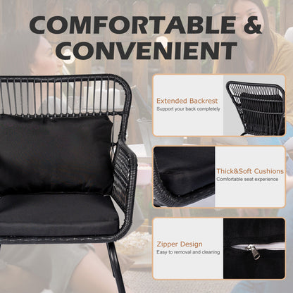 Ensemble de bistrot d'extérieur 3 pièces en osier, mobilier de jardin en rotin toutes saisons, chaises de patio avec coussins