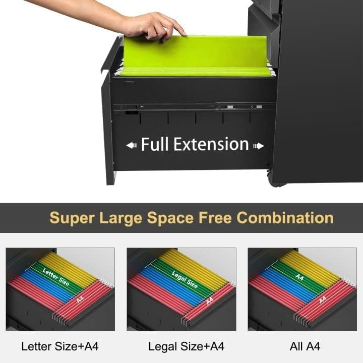 3 Drawer Metal Locking File Cabinet for Home Office, Rolling Cabinet Fully Assembled