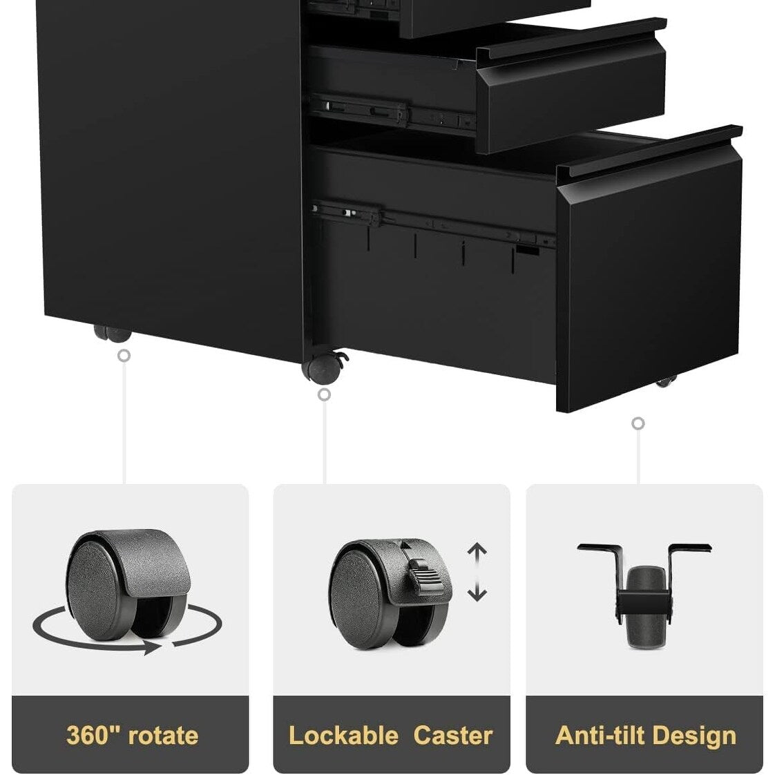 3 Drawer Metal Locking File Cabinet for Home Office, Rolling Cabinet Fully Assembled