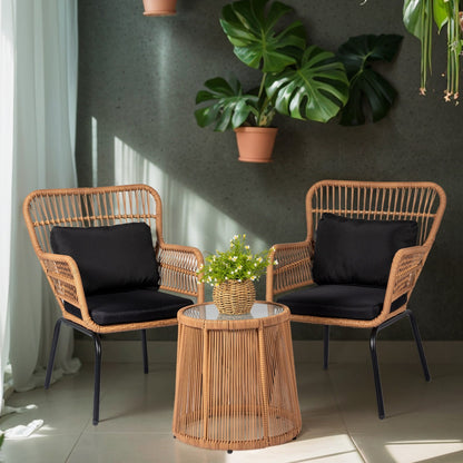Ensemble de bistrot d'extérieur 3 pièces en osier, mobilier de jardin en rotin toutes saisons, chaises de patio avec coussins