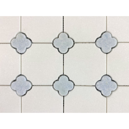 Carreaux de mosaïque en marbre Thassos blanc avec motif de fleurs bleues célestes - Coffret (10 feuilles)
