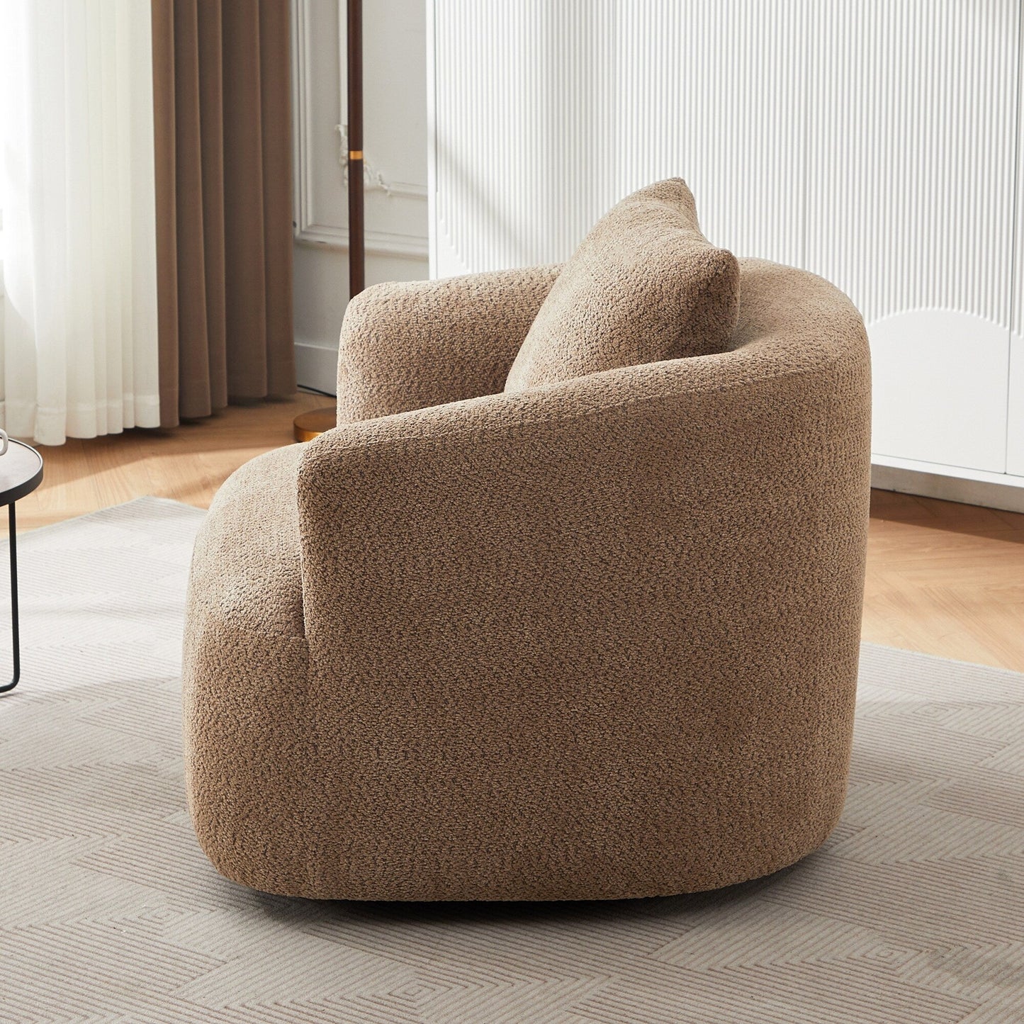 Fauteuil pivotant à 360°, fauteuil d'appoint Boucle 38,2" avec coussin décoratif, fauteuil rembourré en forme de tonneau avec accoudoirs incurvés