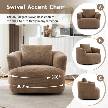 Fauteuil pivotant à 360°, fauteuil d'appoint Boucle 38,2" avec coussin décoratif, fauteuil rembourré en forme de tonneau avec accoudoirs incurvés
