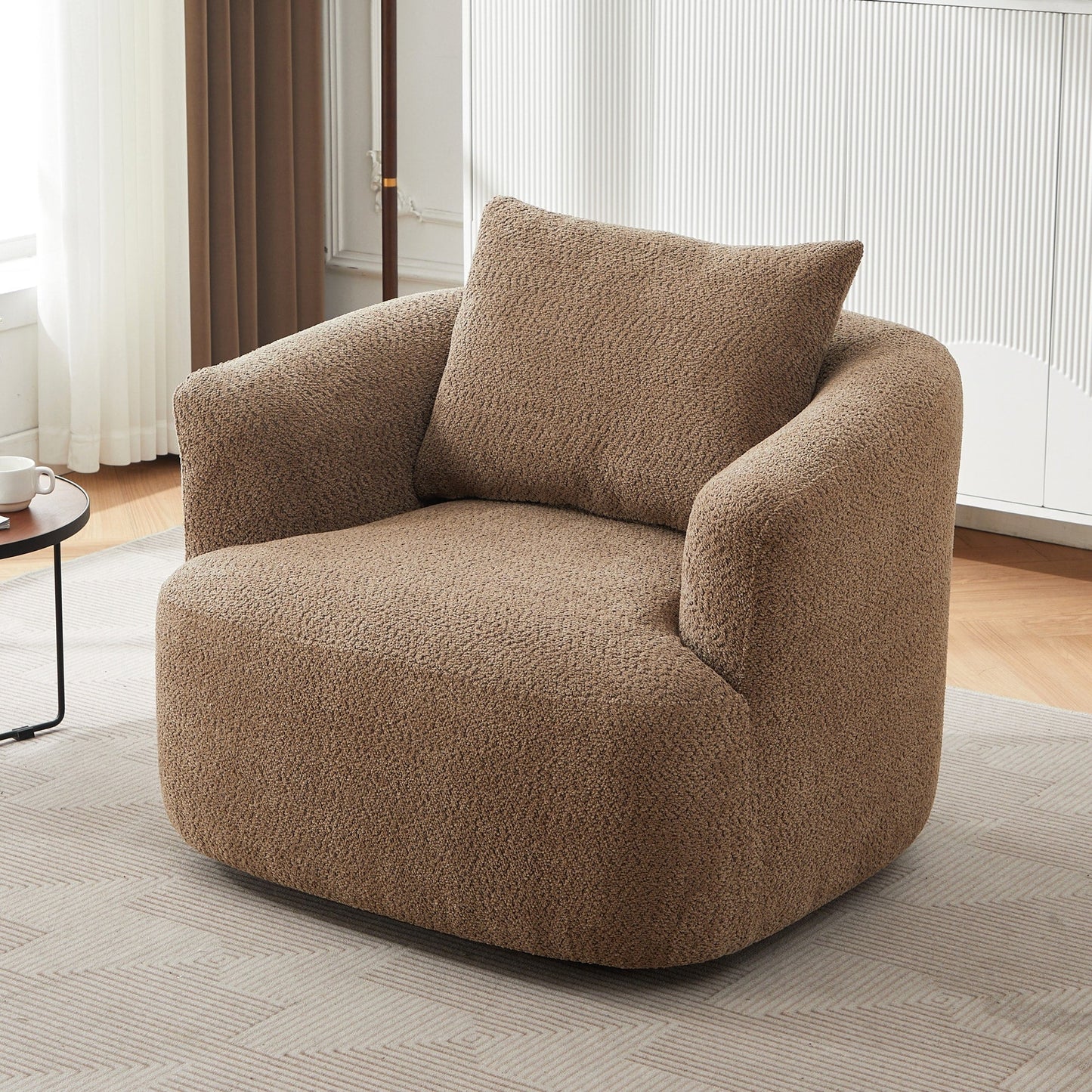 Fauteuil pivotant à 360°, fauteuil d'appoint Boucle 38,2" avec coussin décoratif, fauteuil rembourré en forme de tonneau avec accoudoirs incurvés