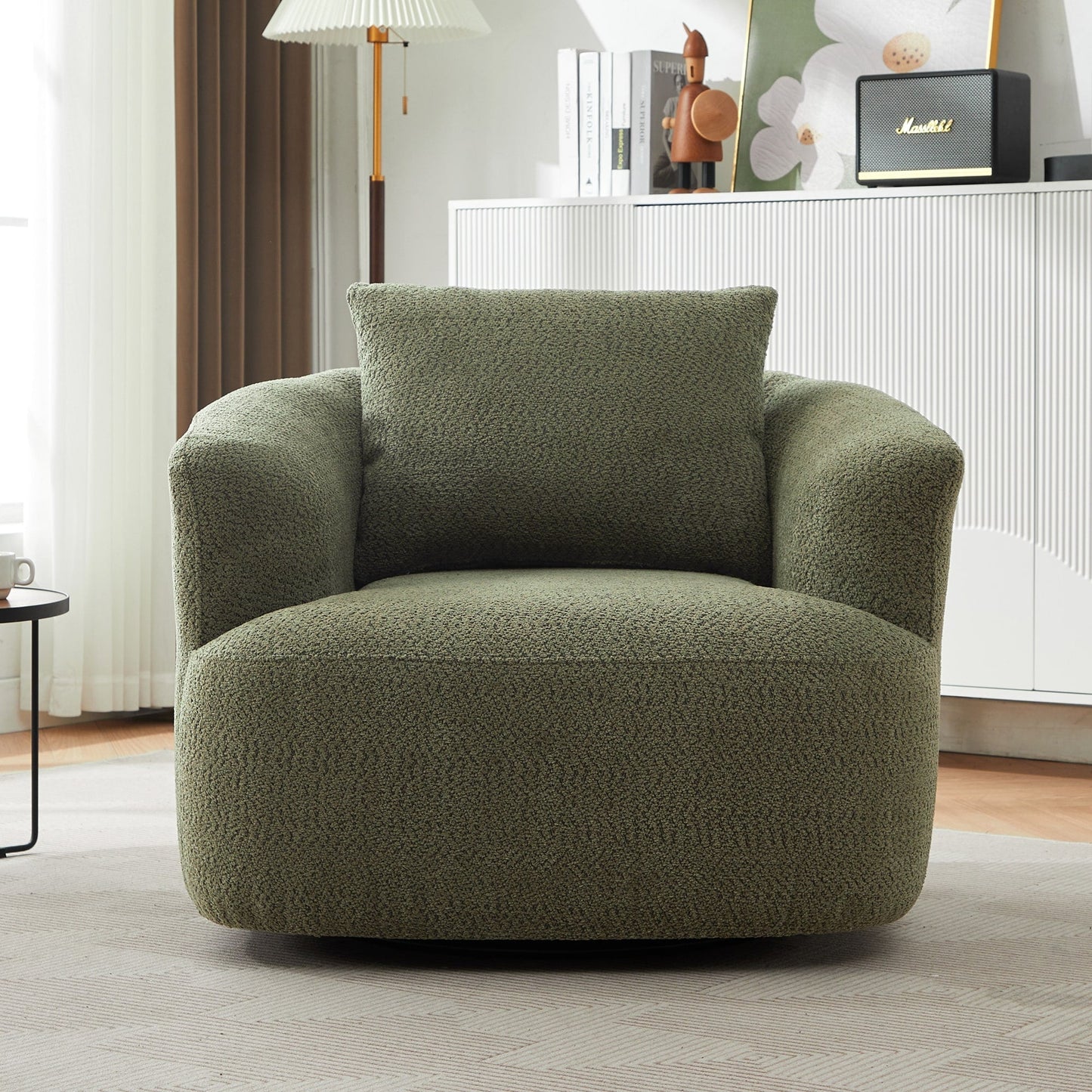 Fauteuil pivotant à 360°, fauteuil d'appoint Boucle 38,2" avec coussin décoratif, fauteuil rembourré en forme de tonneau avec accoudoirs incurvés