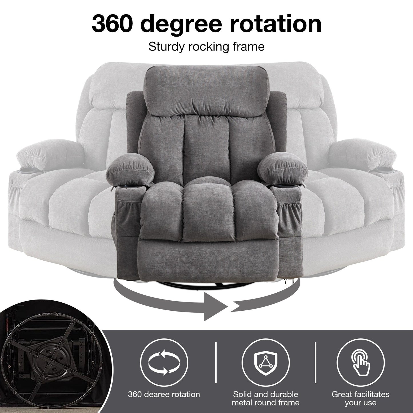 Fauteuil inclinable pivotant à 360° avec massage, chauffage, port USB et porte-gobelets