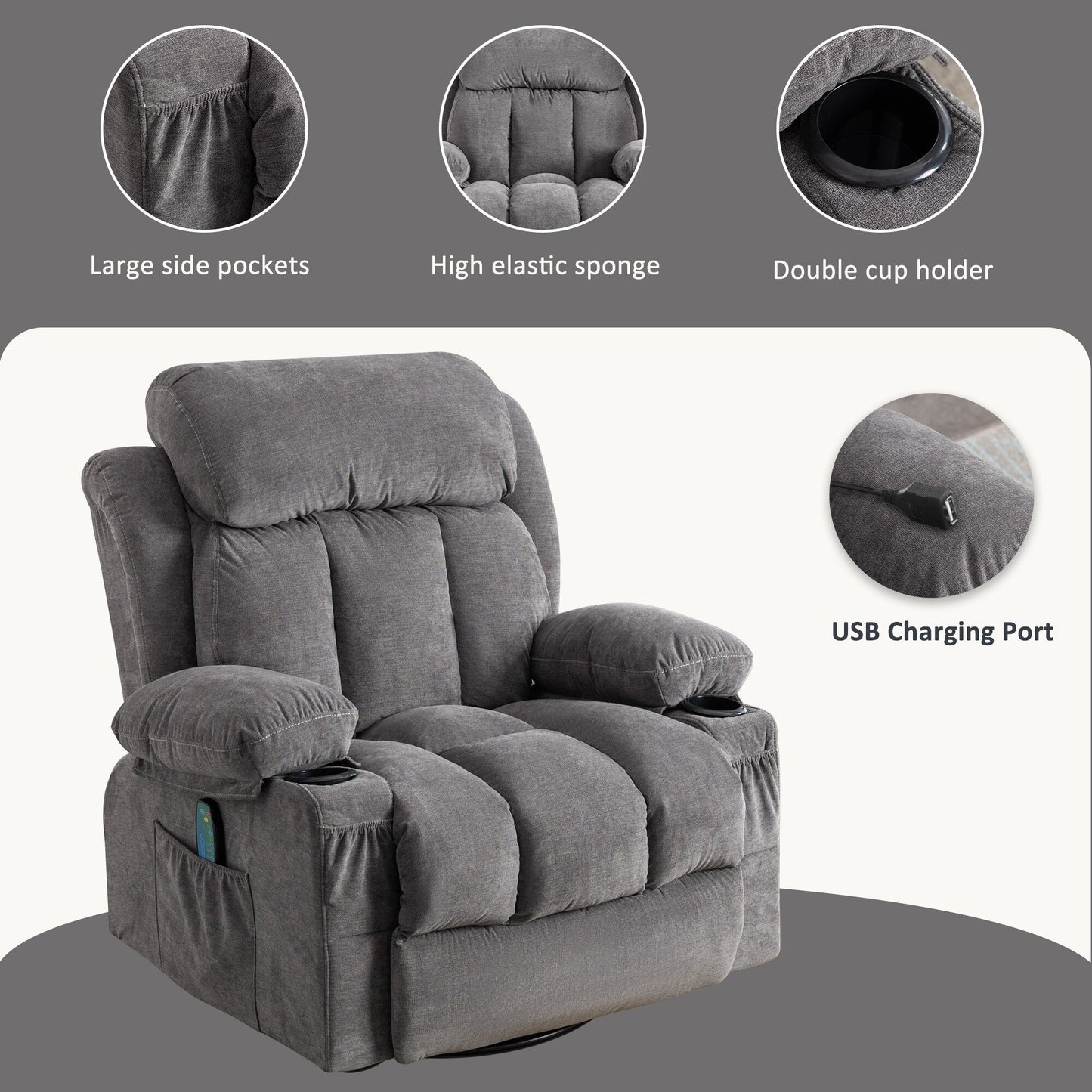 Fauteuil inclinable pivotant à 360° avec massage, chauffage, port USB et porte-gobelets