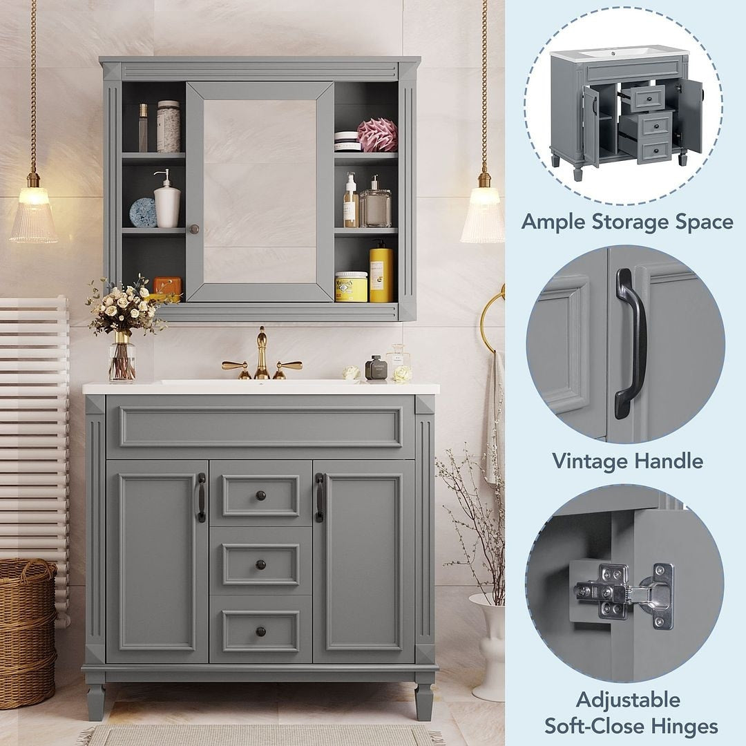 Meuble-lavabo moderne de 36 po avec lavabo supérieur et armoire à miroir, 2 portes et 2 tiroirs