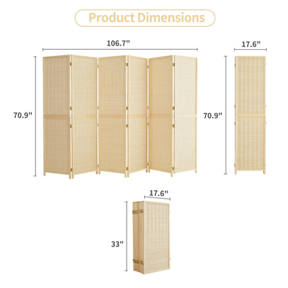 4/6 Panel Bamboo Room Divider 6 FT Detachable Wall Divider for Room Separation, Folding Privacy Screen