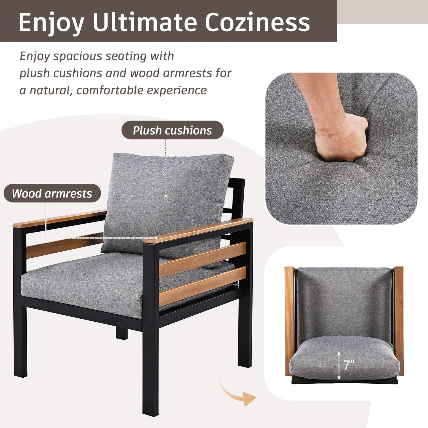 Ensemble de canapés d'extérieur 4 pièces pour 5 personnes avec coussin amovible et table basse en bois massif