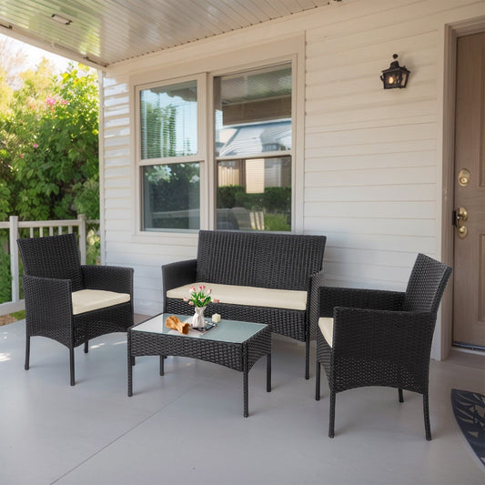 Ensemble de 4 meubles de jardin en osier, sectionnel et en rotin avec coussins