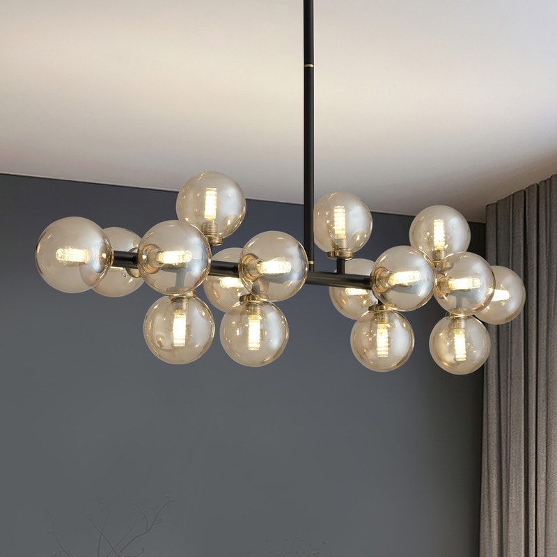 Lustre linéaire moderne du milieu du siècle de 40 po, suspension Spoutnik à 16 ampoules en laiton doré avec globe en verre dépoli pour salle à manger