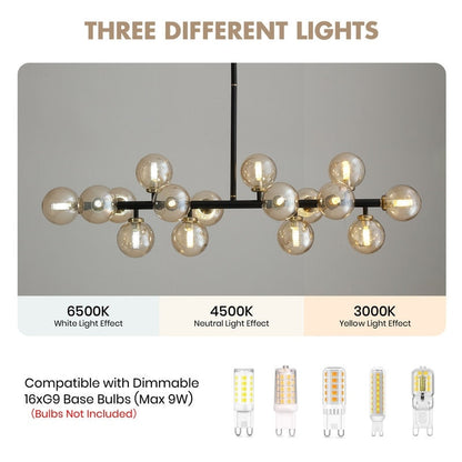 Lustre linéaire moderne du milieu du siècle de 40 po, suspension Spoutnik à 16 ampoules en laiton doré avec globe en verre dépoli pour salle à manger