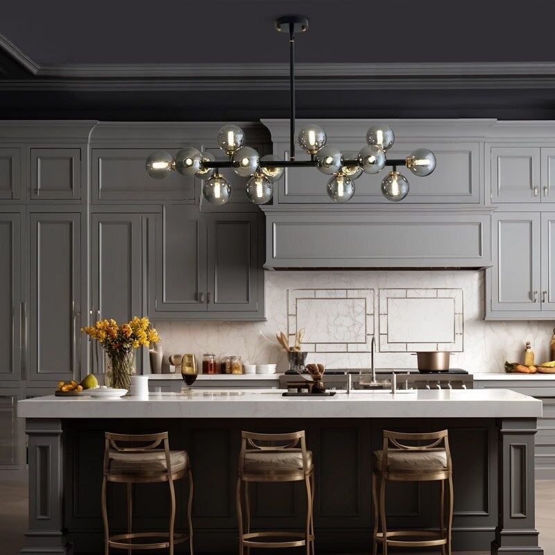 Lustre linéaire moderne du milieu du siècle de 40 po, suspension Spoutnik à 16 ampoules en laiton doré avec globe en verre dépoli pour salle à manger