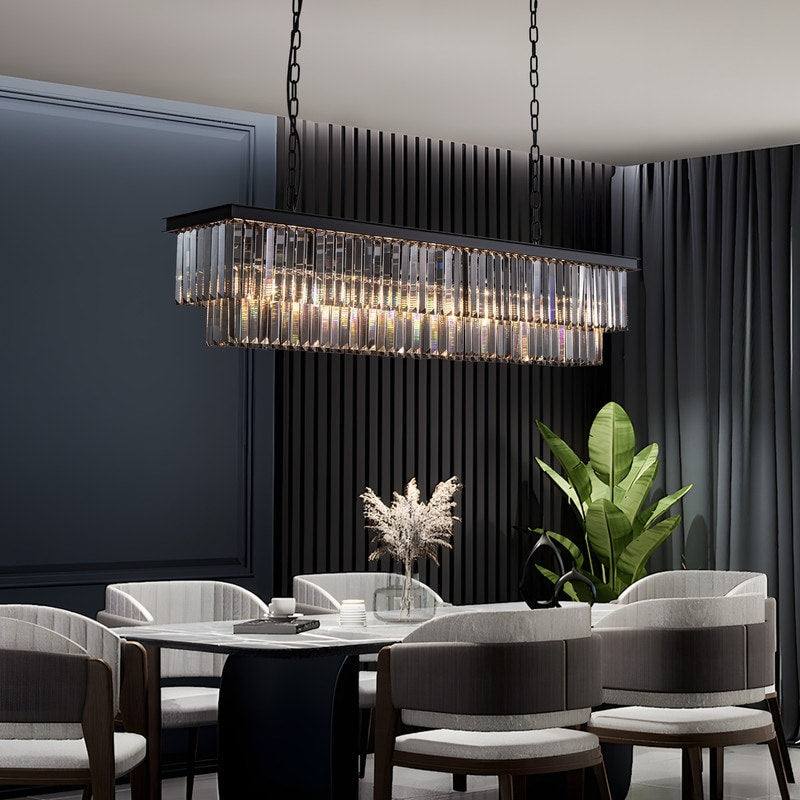 Lustre contemporain en cristal gris fumé et noir de 47 po, luminaire suspendu linéaire à deux niveaux pour îlot de cuisine et salle à manger