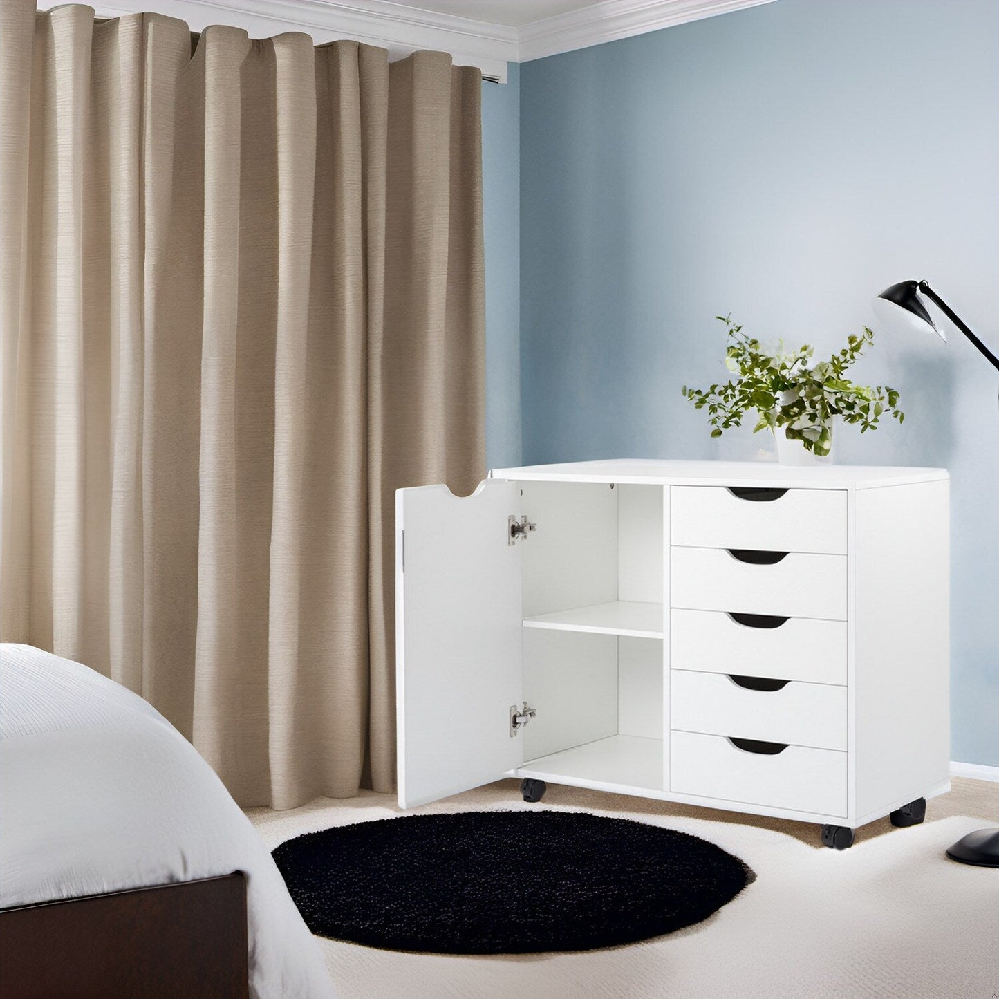 5-Drawer Wood Storage Dresser Cabinet with Wheels - Craft Organizer and Makeup Drawer Unit for Closet and Bedroom