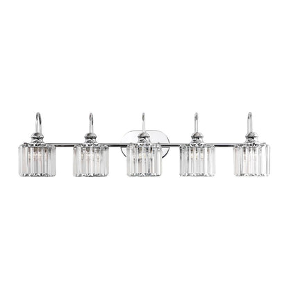 Luminaires de salle de bain en cristal à 5 ​​lumières, style glamour, linéaires et à intensité variable, avec abat-jour cylindrique en cristal