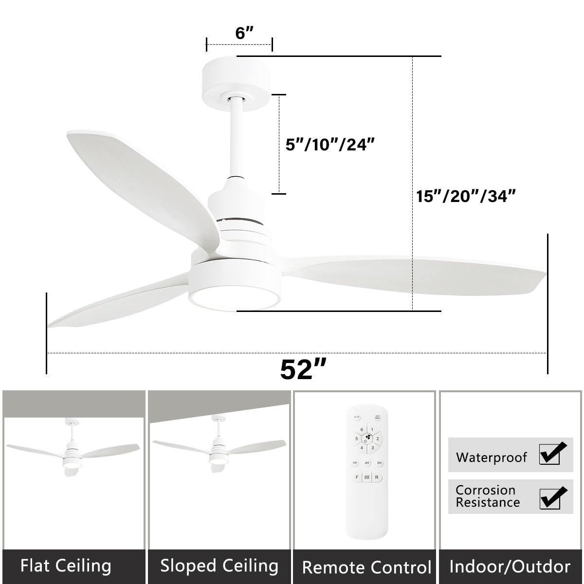 Ventilateur de plafond à LED intégré 48 et 52 pouces avec lumière et télécommande, moteur CC réversible