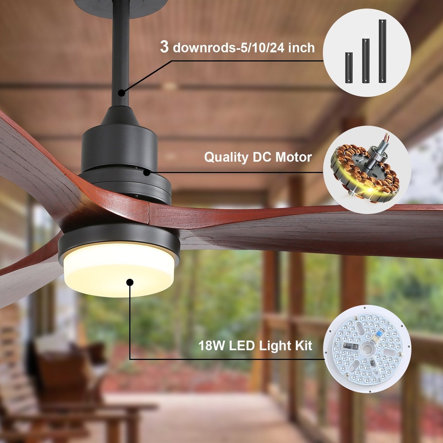 Ventilateur de plafond d'intérieur en bois Sofucor 52 avec télécommande et éclairage intégré en option