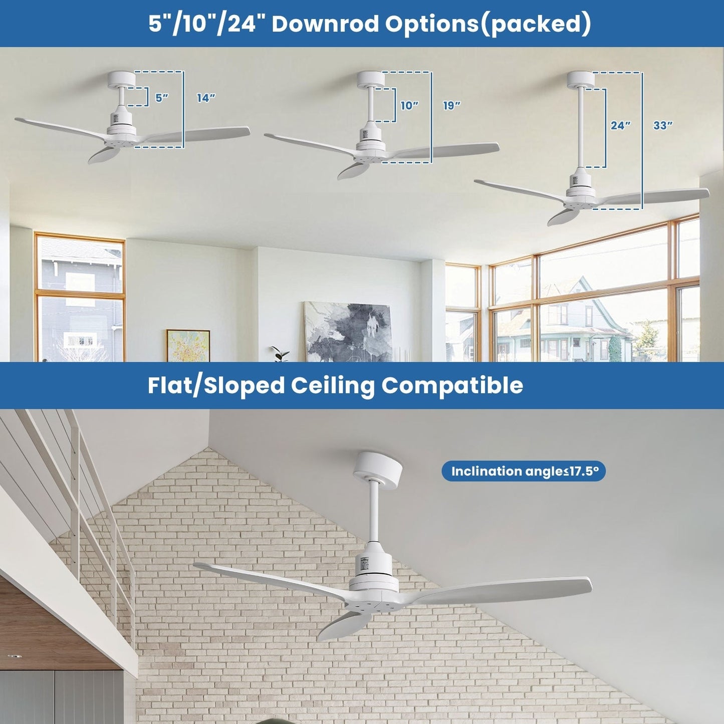 Ventilateur de plafond moderne en bois massif/ABS de 52 pouces avec télécommande (sans lumière), 6 vitesses de vent, flux d'air réversible