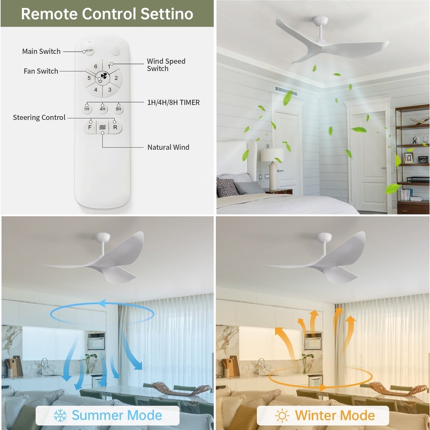 Ventilateur de plafond moderne en bois massif/ABS de 52 pouces avec télécommande (sans lumière), 6 vitesses de vent, flux d'air réversible